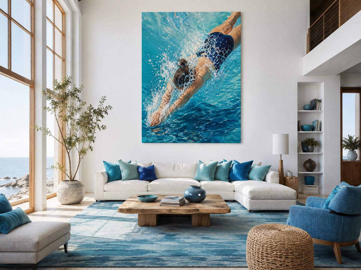 Impressionist Water Splash Art Blue Swimming Scene Canvas Print For Living Room