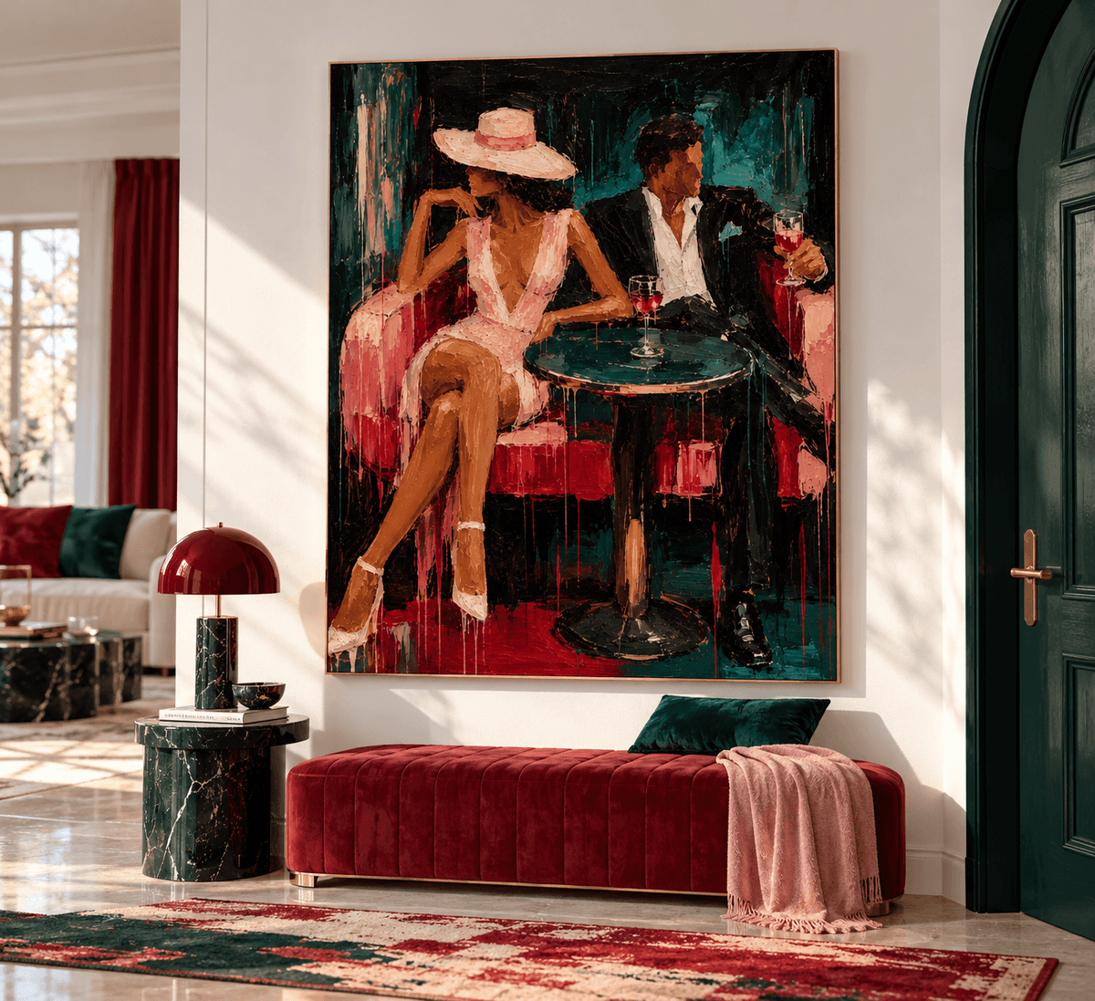 Modern Textured Oil Painting Of Elegant Man And Woman In Retro Style
