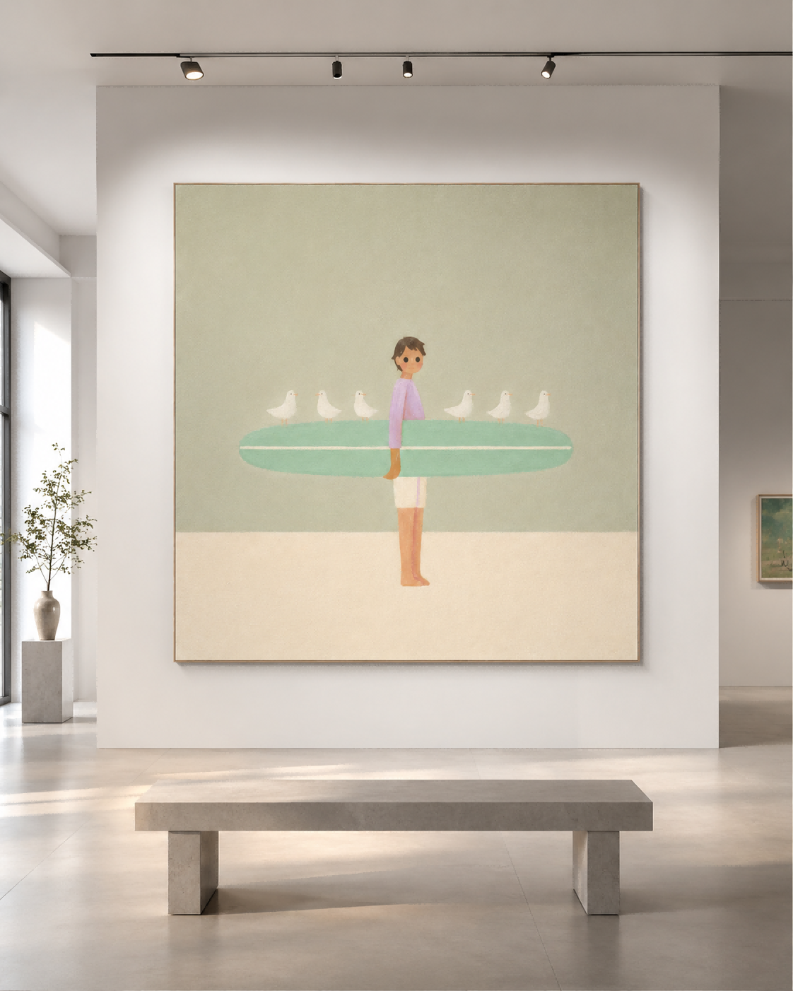 Hand-Painted Surfer With Seagulls On Mint Board Modern Canvas Art