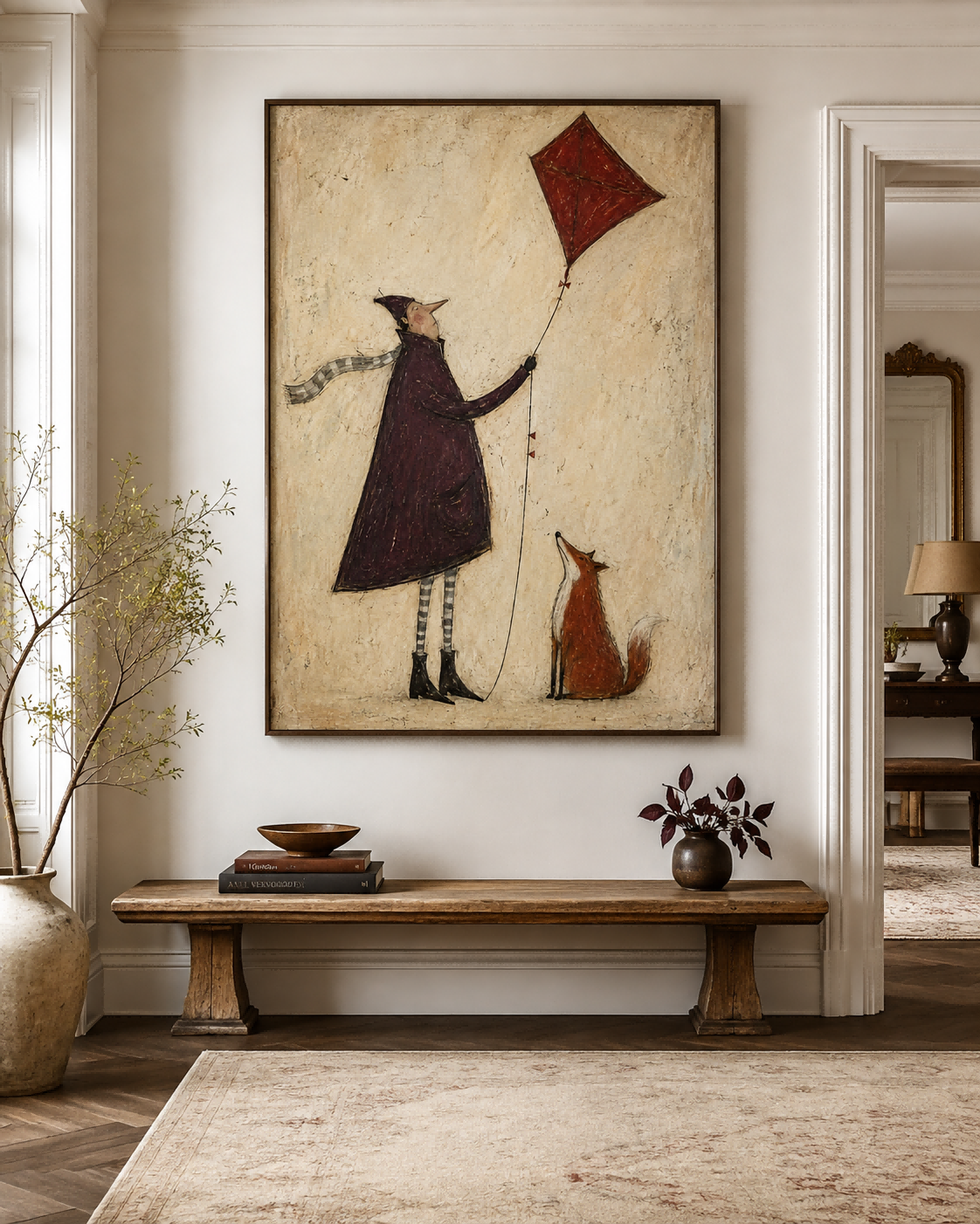 Whimsical Vintage Illustration Hand-Painted Canvas Art With Fox And Kite
