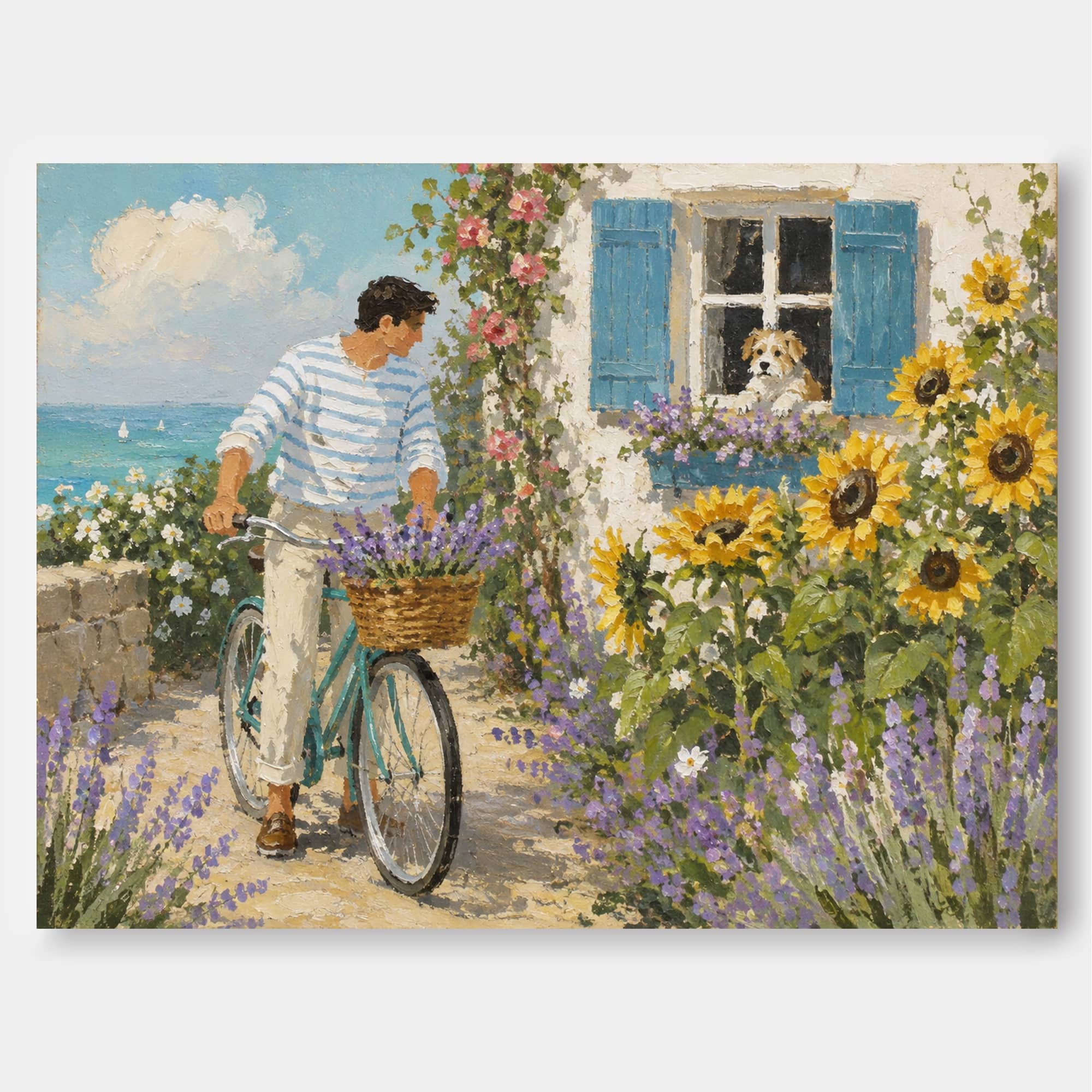 Man With Bicycle And Dog Coastal Landscape Hand-Painted Canvas Art