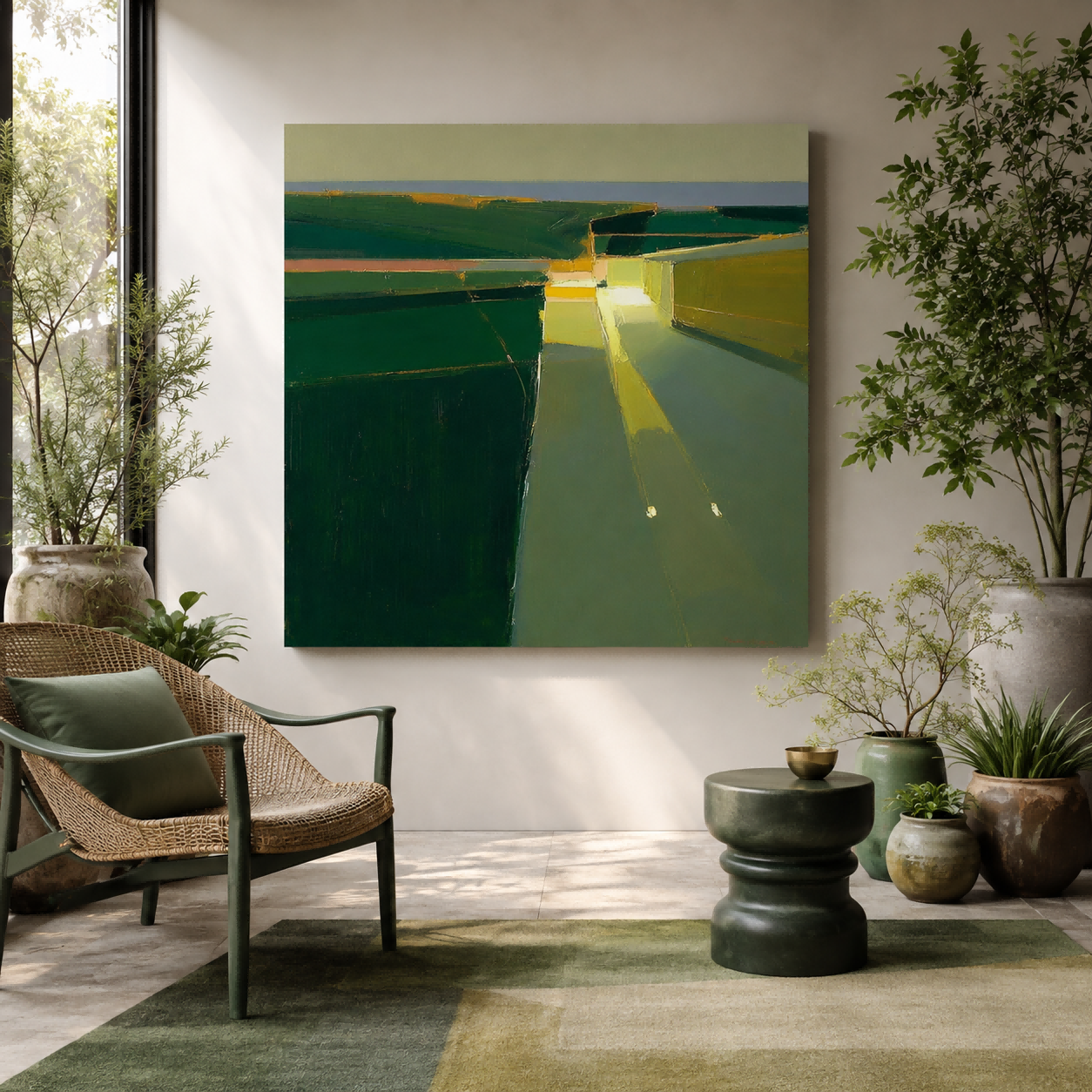 Modern Abstract Green And Yellow Square Oil Painting For Living Room Wall Art Decor