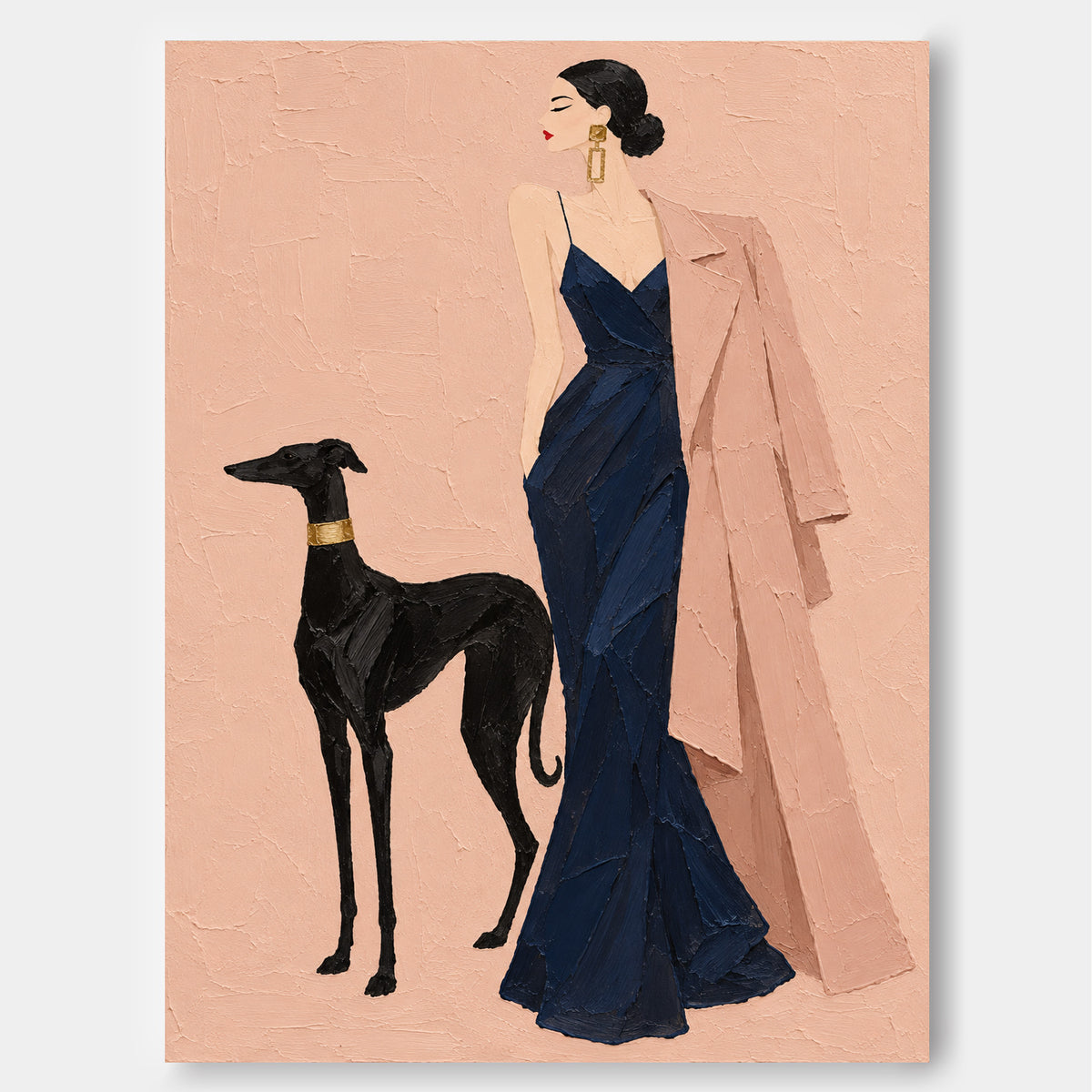 Hand-Painted Woman With Dog Canvas Art In Navy And Pink