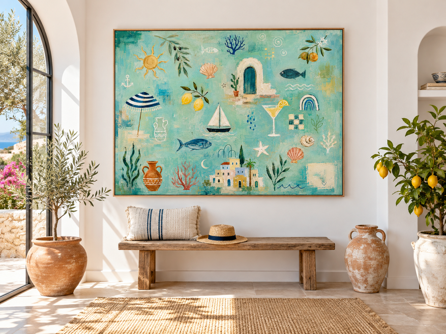 Modern Abstract Beach Decor Painting With Geometric And Organic Shapes