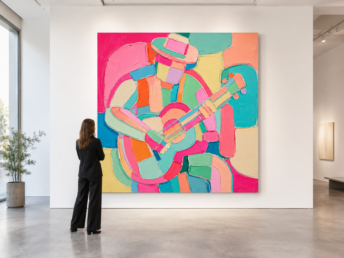 Vibrant Modern Musician Painting With Geometric Blocks For Living Room Decor