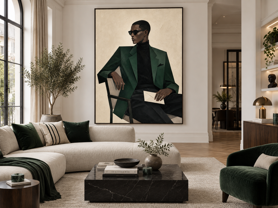 Minimalist Geometric Oil Painting Of A Man In Sunglasses And Suit