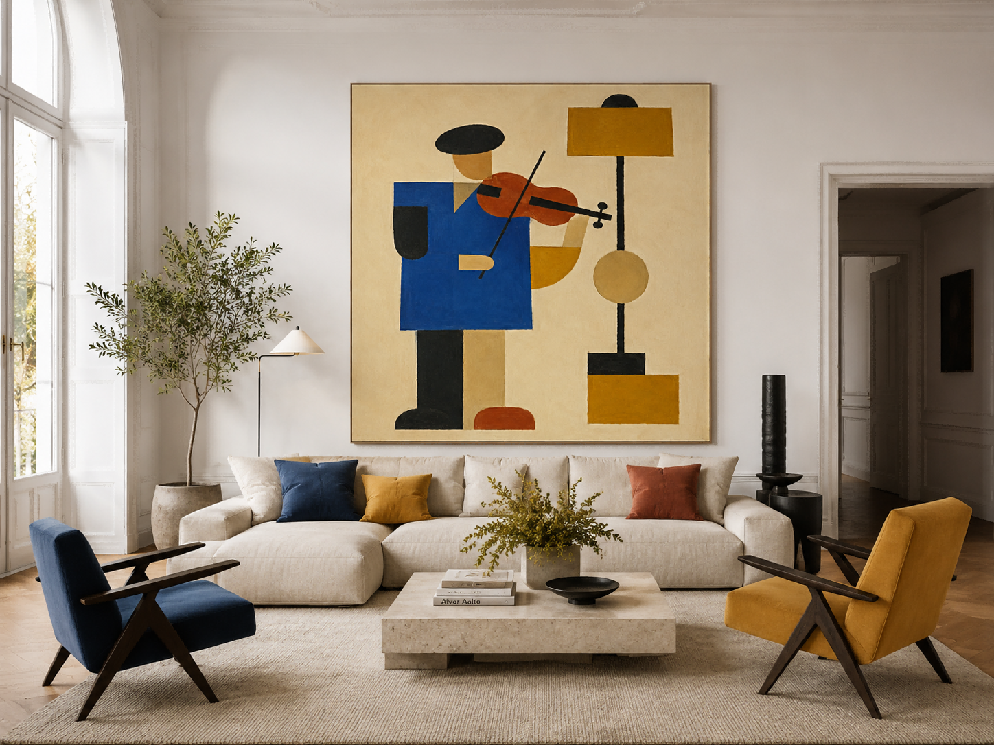 Minimalist Cubist Style Oil Painting Abstract Figure With Violin Artwork
