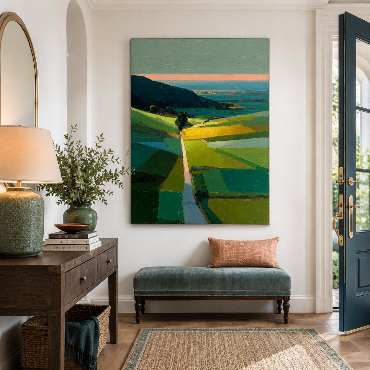 Modern Minimalist Landscape Painting Green Hills Abstract Art For Living Room