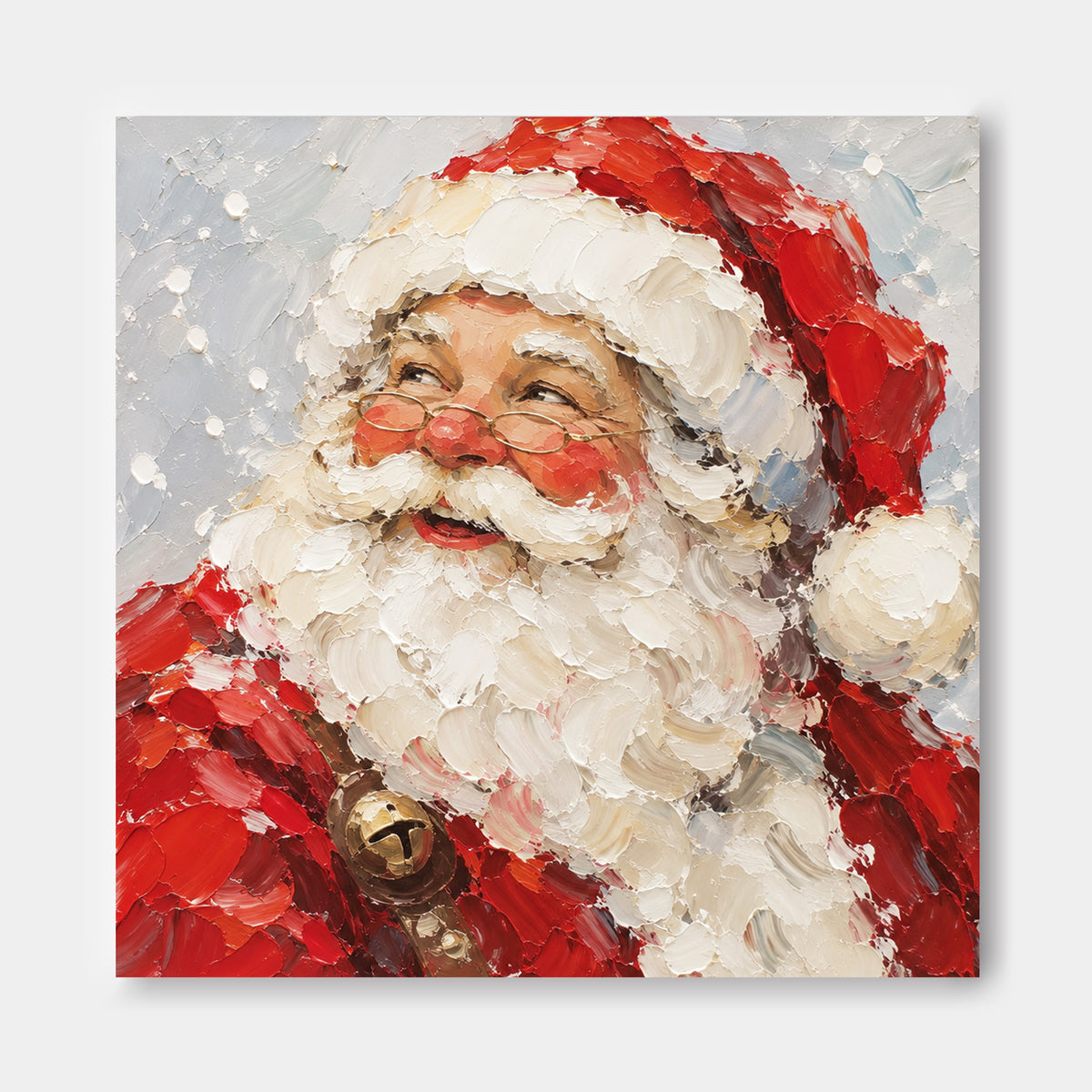 Hand-Painted Santa Claus Portrait With Gold Bell And Glasses Original Canvas Art