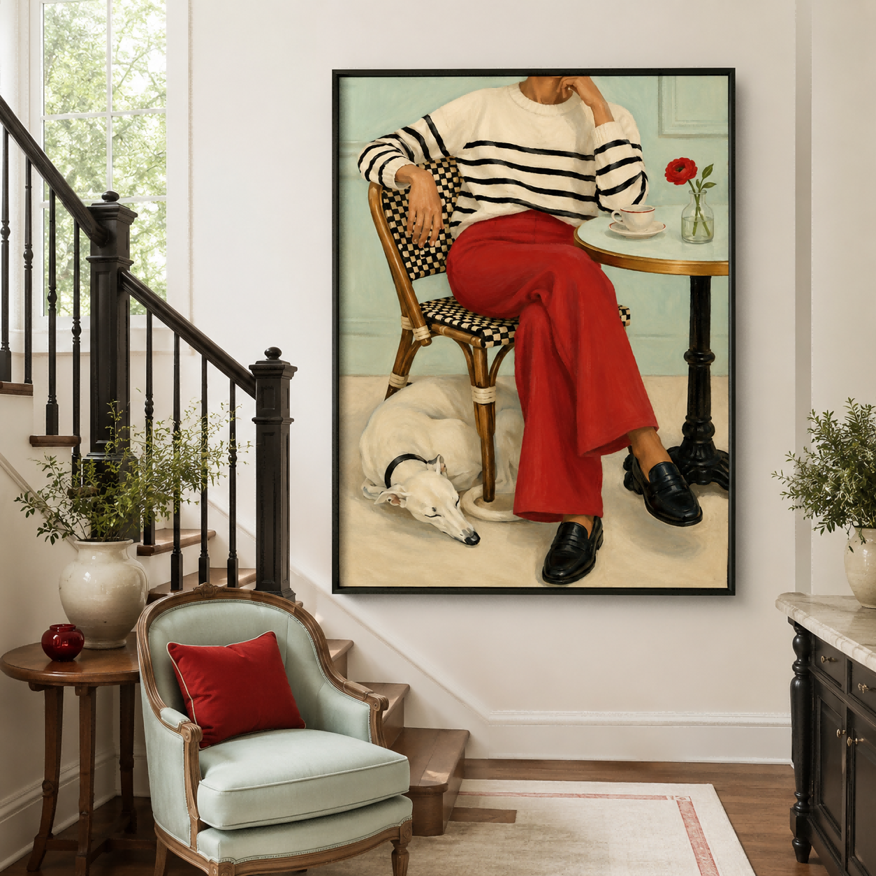 Modern Realist Portrait Of Woman And Pet Casual Elegance Hand-Painted Canvas Artwork