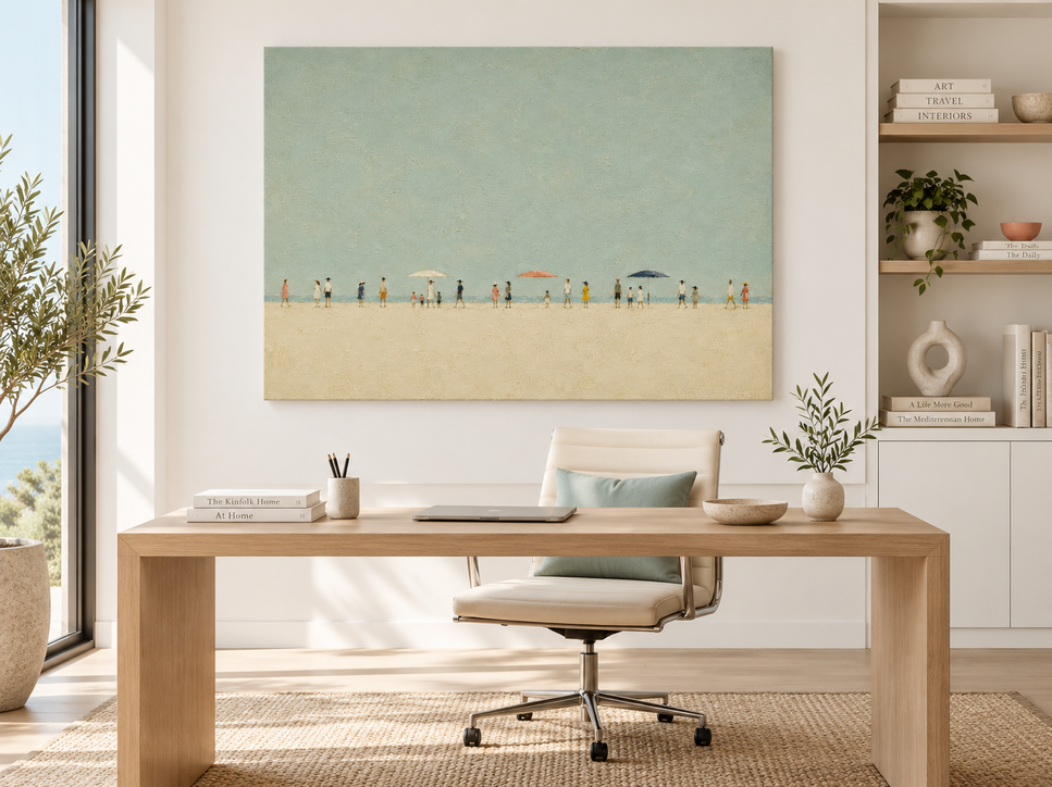 Hand-Painted Beach Scene With Figures And Umbrellas In Sage Green