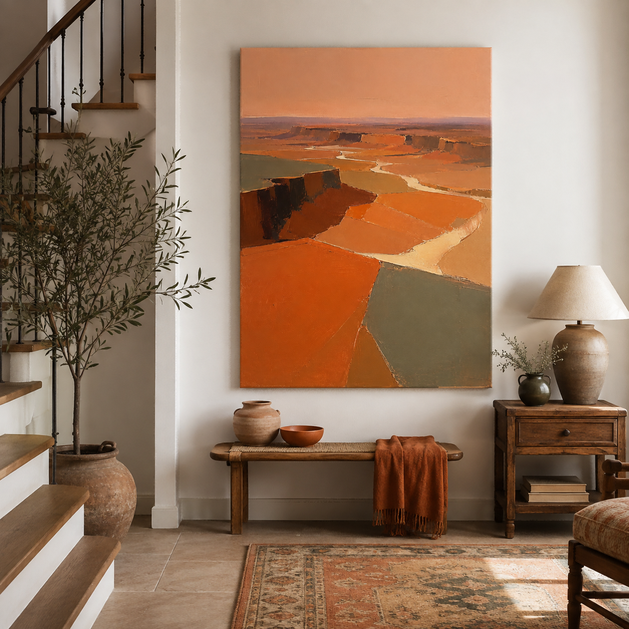 Modern Abstract Landscape Painting With Warm Earth Tones For Living Room Decor