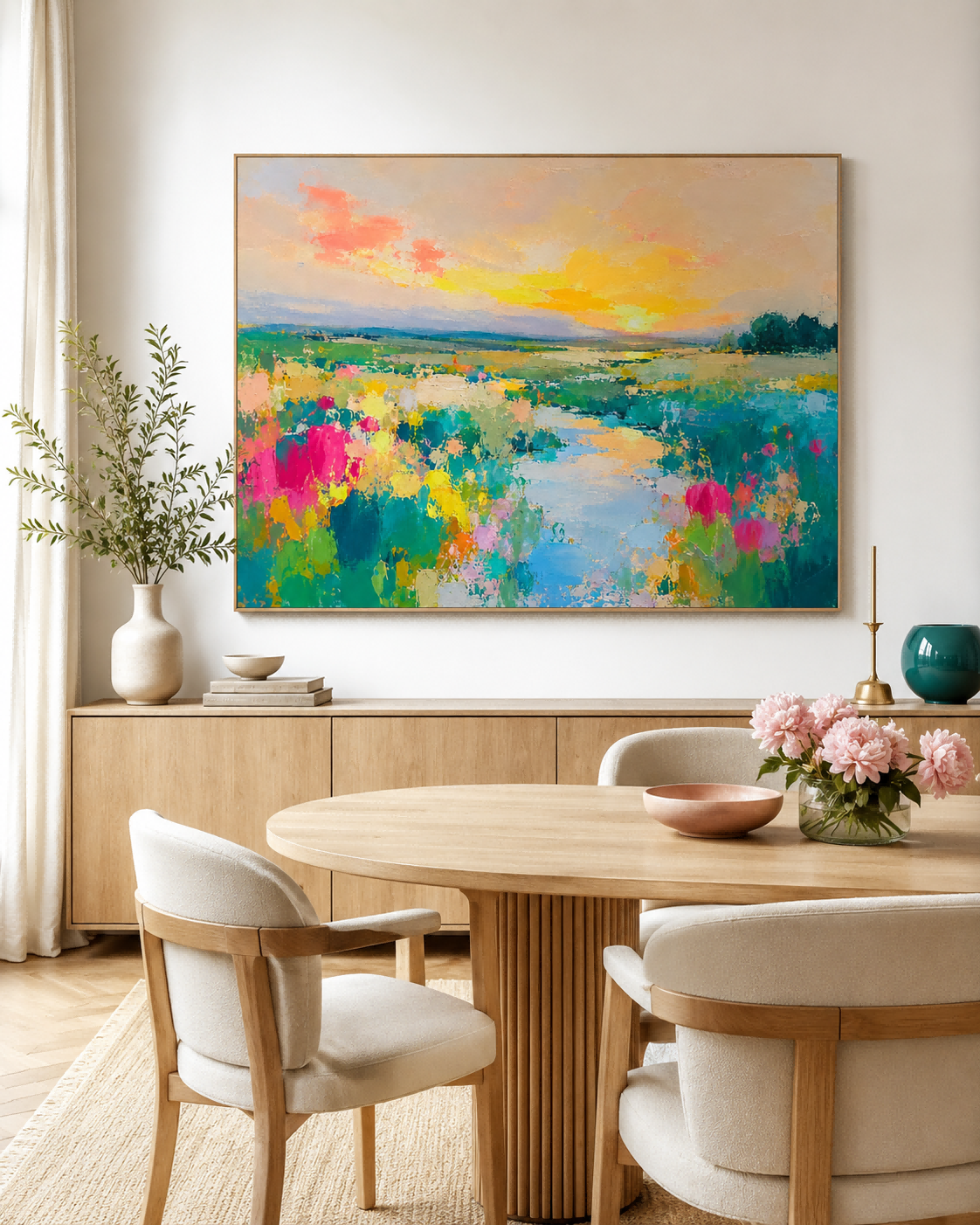 Colorful Floral Landscape Hand-Painted Canvas Art With Warm Sunset Tones