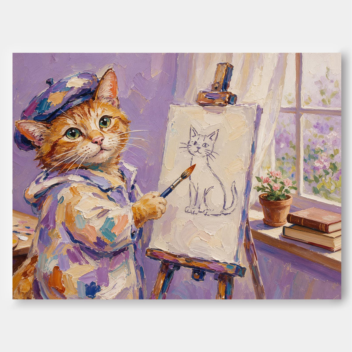 Hand-Painted Orange Cat Artist Canvas Painting With Beret And Easel