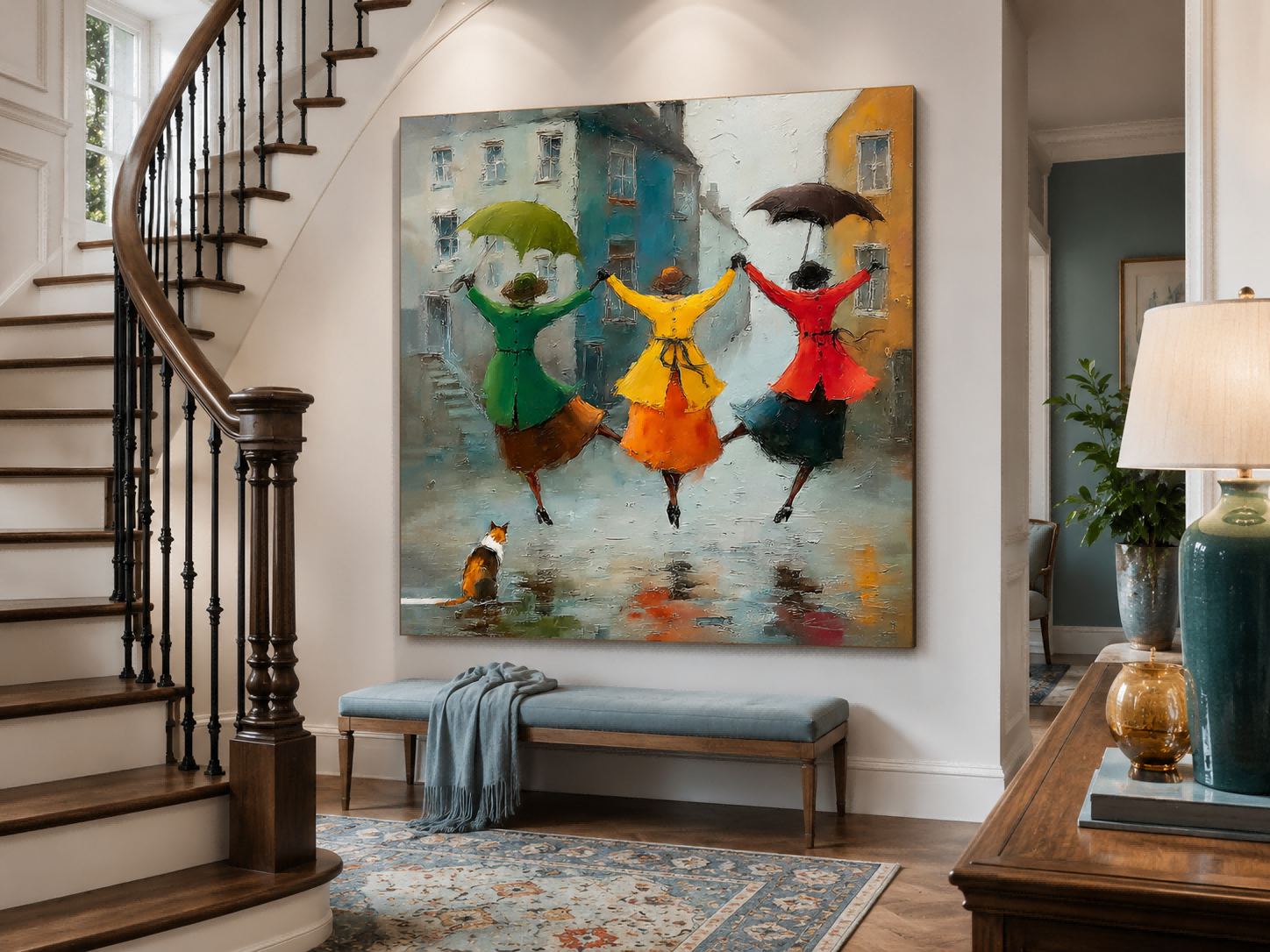 Joyful Friendship Canvas Art Depicting Women Dancing In Rainy City Street