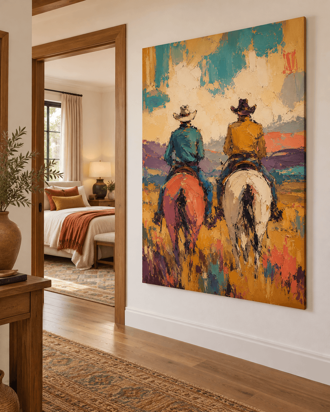 Cowboy And Horse Canvas Painting Hand-Painted Western Art With Warm Tones