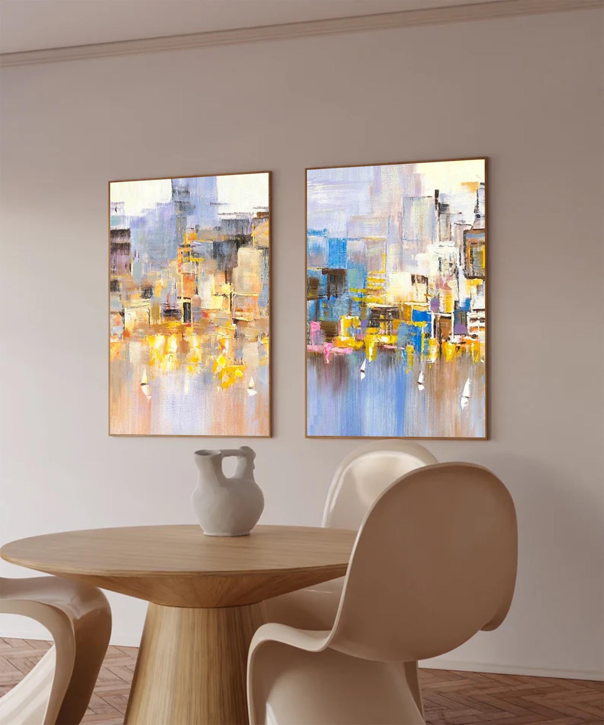 Set of 2 Abstract City Oil Painting Contemporary Textured Canvas Painting  Modern Wall Art Home Decor