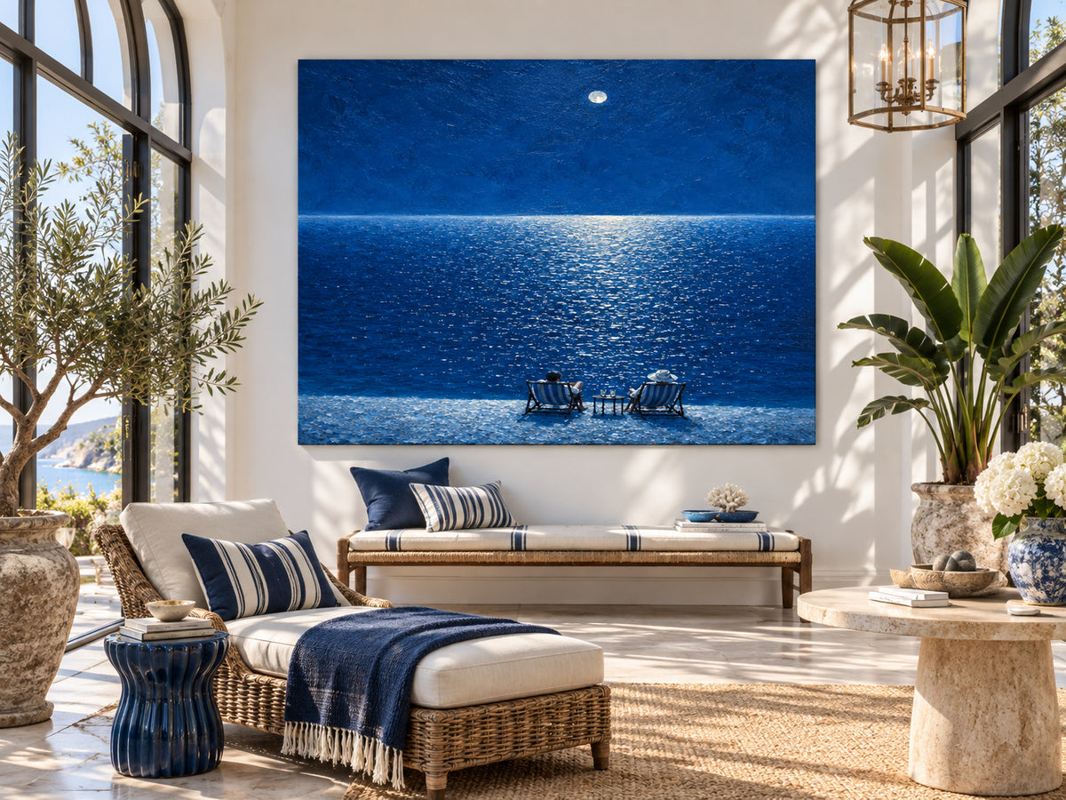 Moonlit Beach Couple Hand-Painted Canvas Art Deep Blue Sea