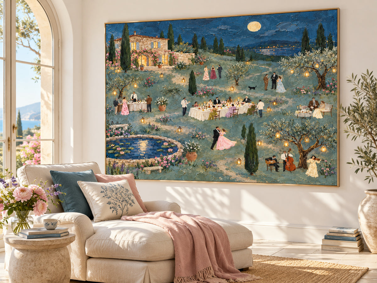 Tuscan Villa Dinner Party Hand-Painted Canvas Wall Art With Moonlight And Garden