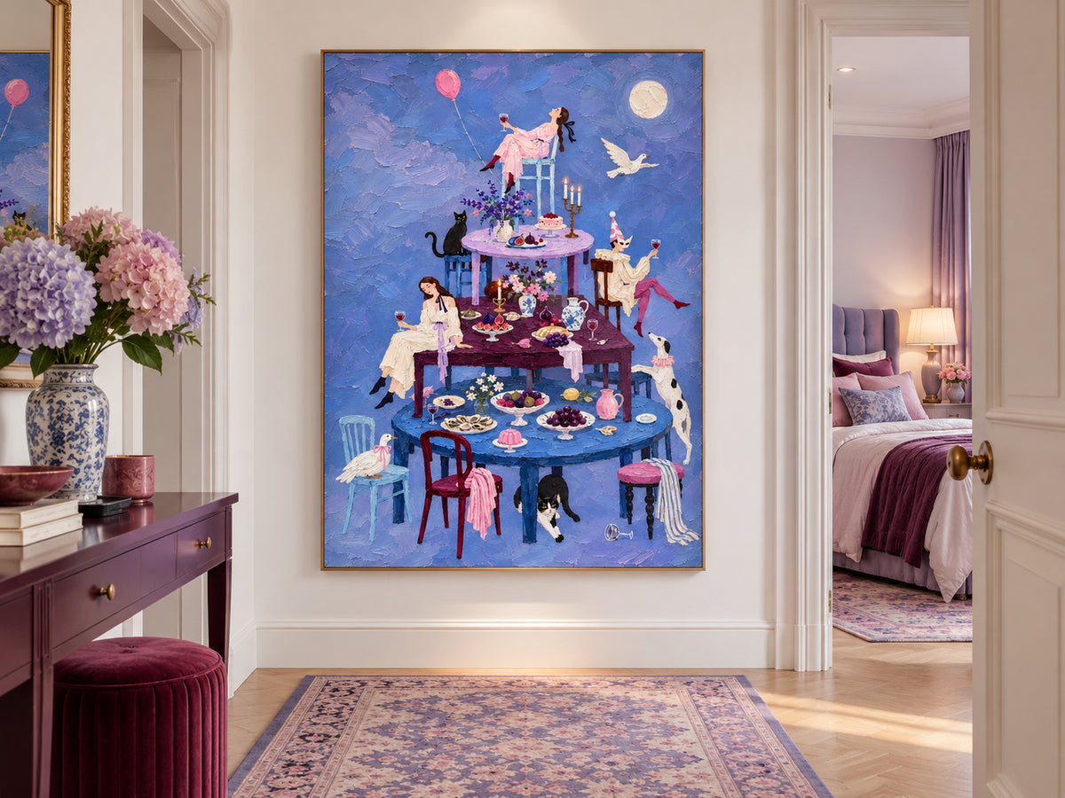Surreal Moonlit Banquet Hand-Painted Canvas Art With Stacked Tables And Animals Vintage Dining Room Wall Art