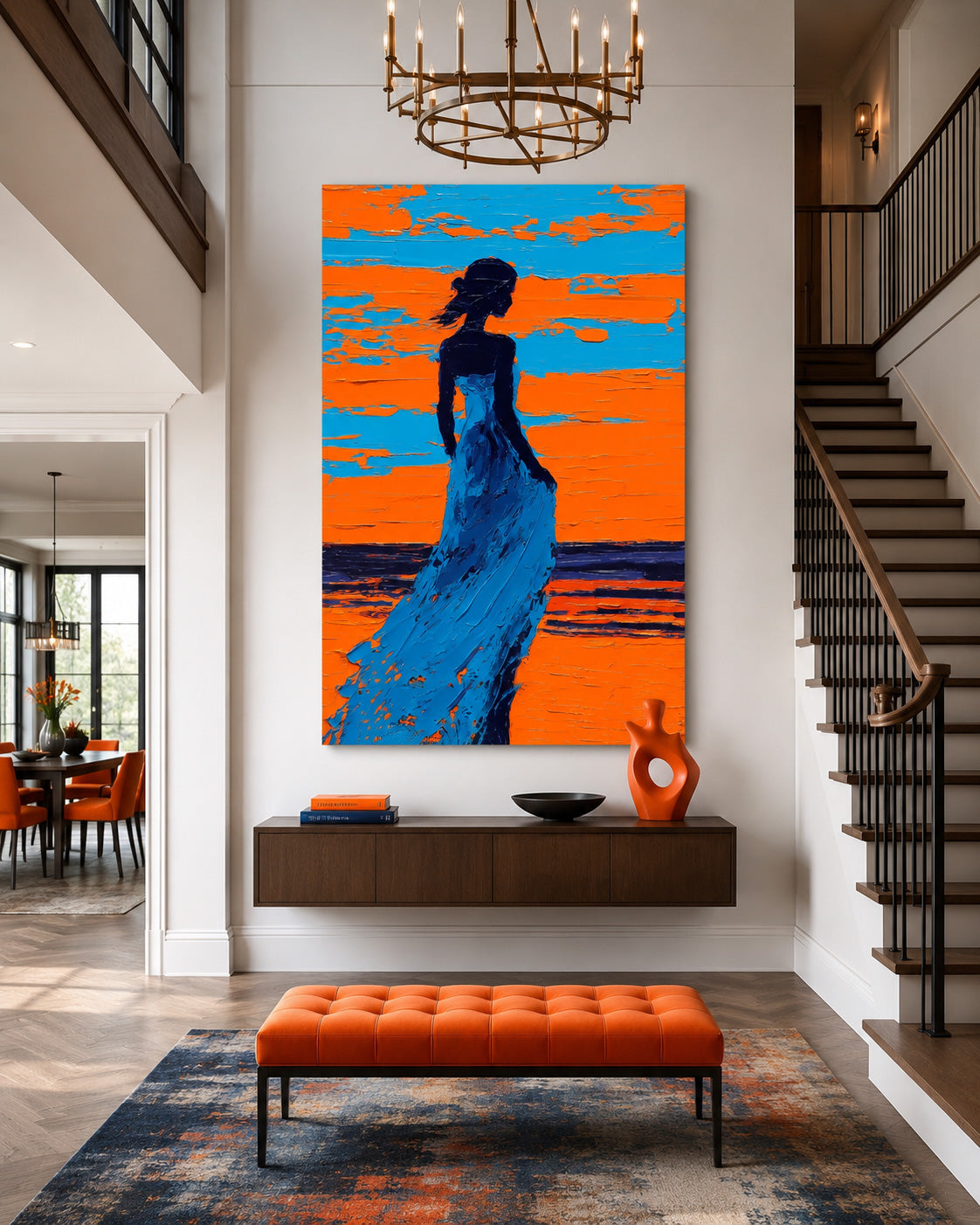 Contemplative Woman Silhouette Against Sunset Ocean Original Oil Painting For Wall Art