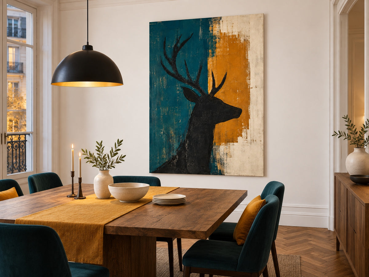 Hand-Painted Black Stag Silhouette Canvas Art With Teal And Amber