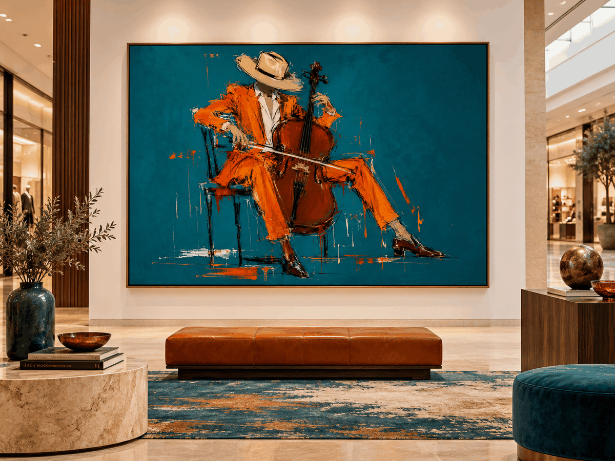 Hand-Painted Cellist In Orange Suit Modern Canvas Wall Art