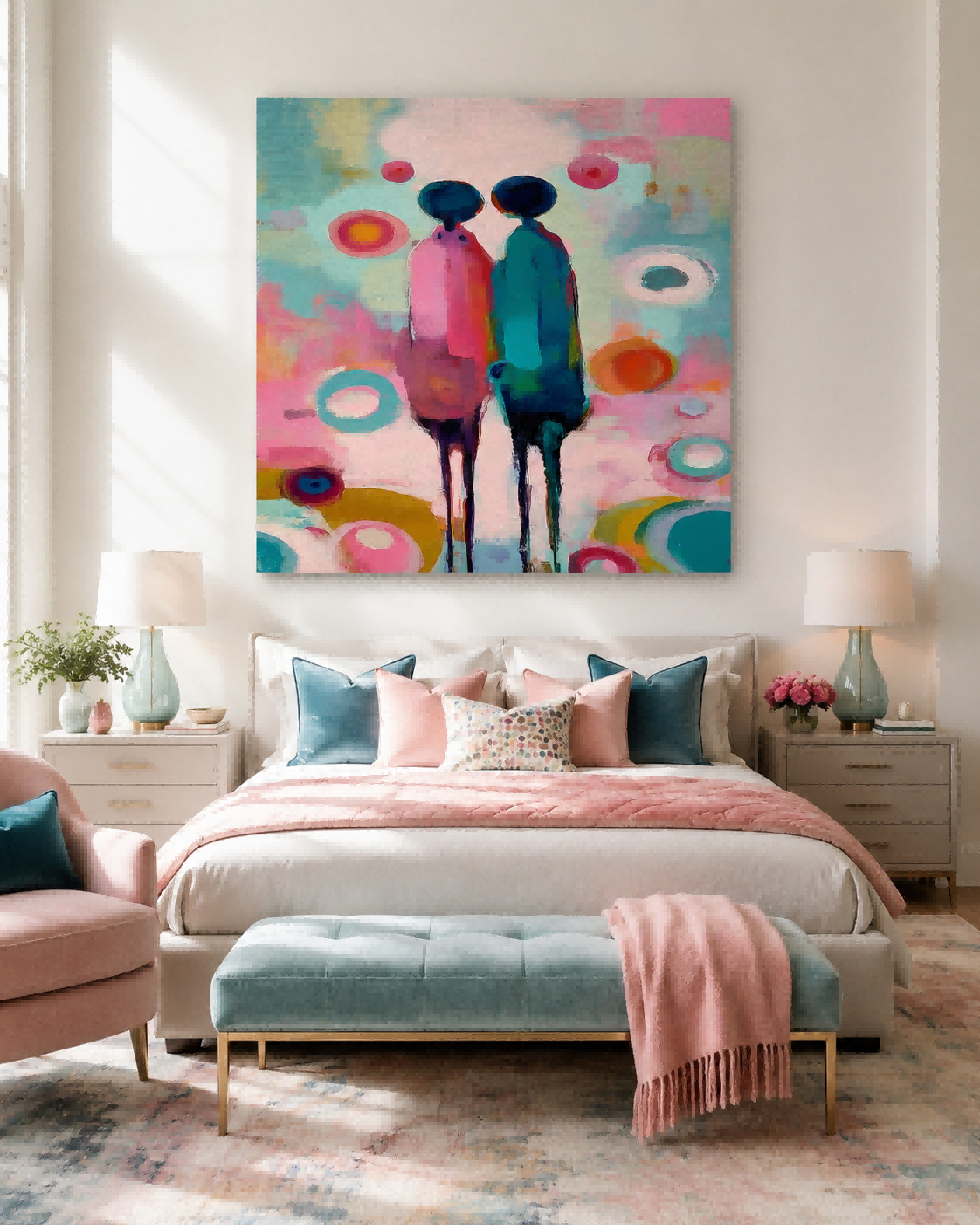Romantic Wall Art Decor Abstract Pink And Teal Painting For Bedroom Or Lounge