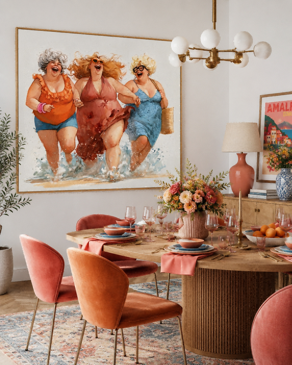 Vibrant Women Painting For Living Room With Coastal Theme And Happy Sisters Art