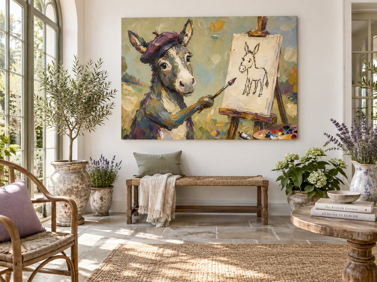 Hand-Painted Donkey Artist Canvas Painting With Beret In Olive Green Tones