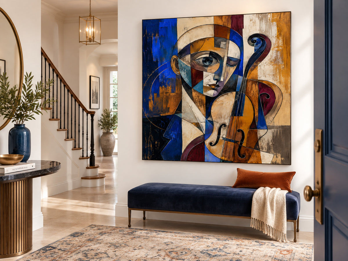 Vintage Geometric Picasso Style Painting With Textured Blue Gold Tones