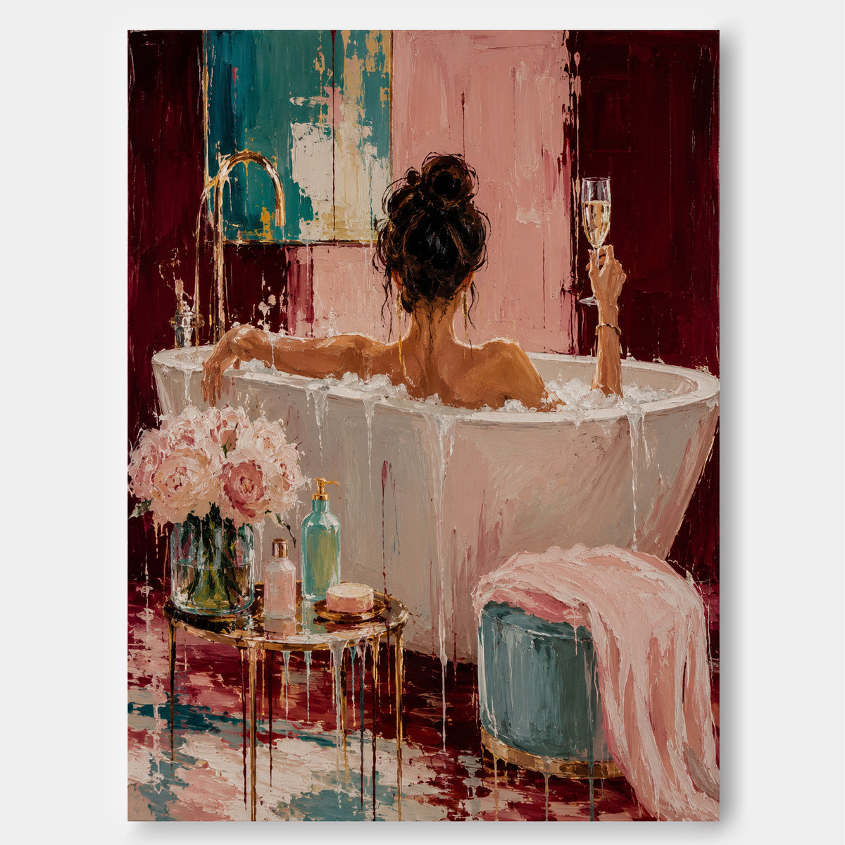 Morandi Pink Textured Oil Painting Elegant Woman Self Care Art Woman In Bathtub With Champagne