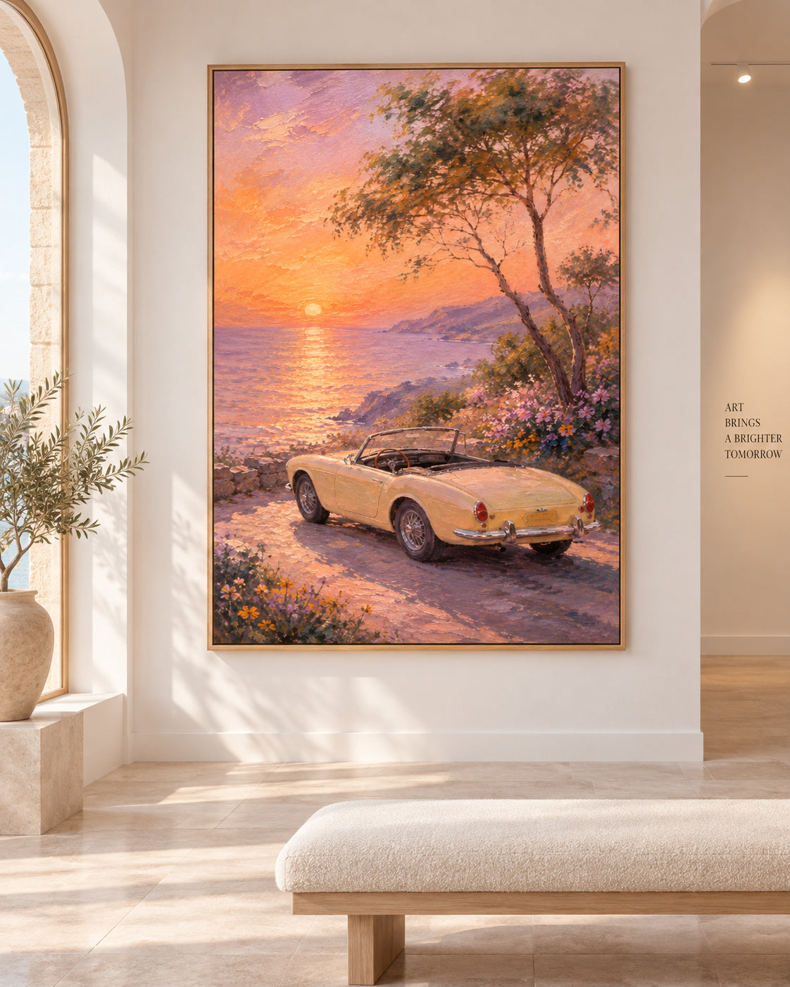 Vintage Car And Sunset Sea Hand-Painted Canvas Art In Gold And Pink