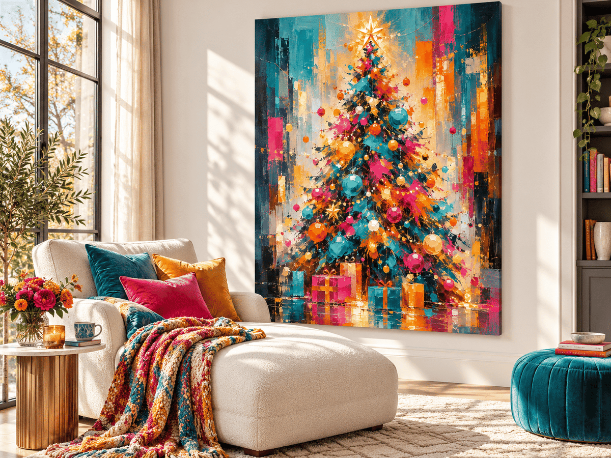 Abstract Christmas Tree Canvas Painting With Gold And Blue Ornaments Textured Canvas With Vintage Vibes