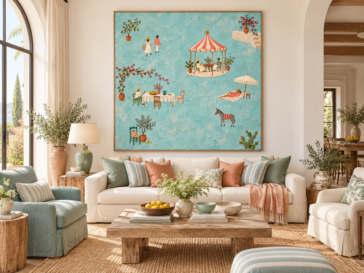 Romantic Textured Oil Painting In Mint Blue With Retro European Estate Theme