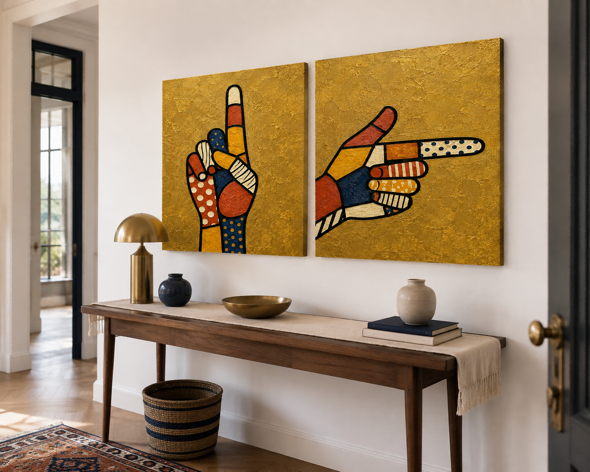 Hand-Painted Pop Art Hands Canvas Painting With Gold Background And Patterns
