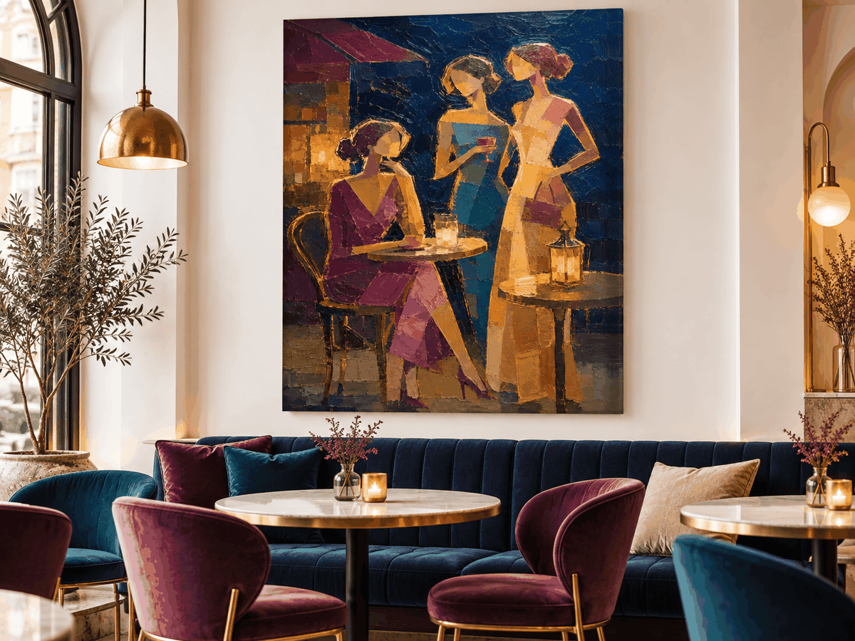 Vintage Women At Night Bar Hand-Painted Canvas Art In Blue And Gold