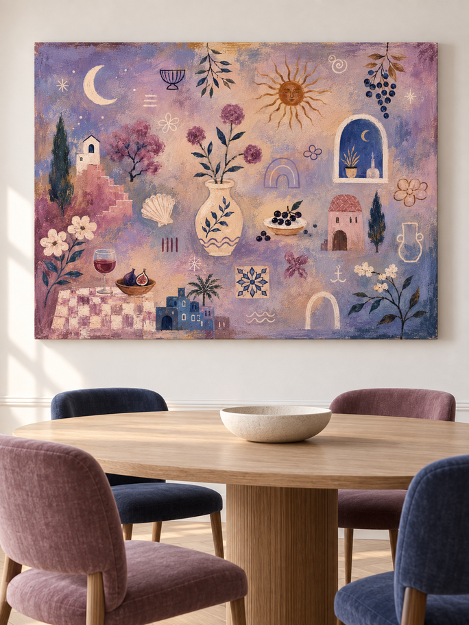 Mediterranean Abstract Canvas Painting With Sun Moon And Flowers