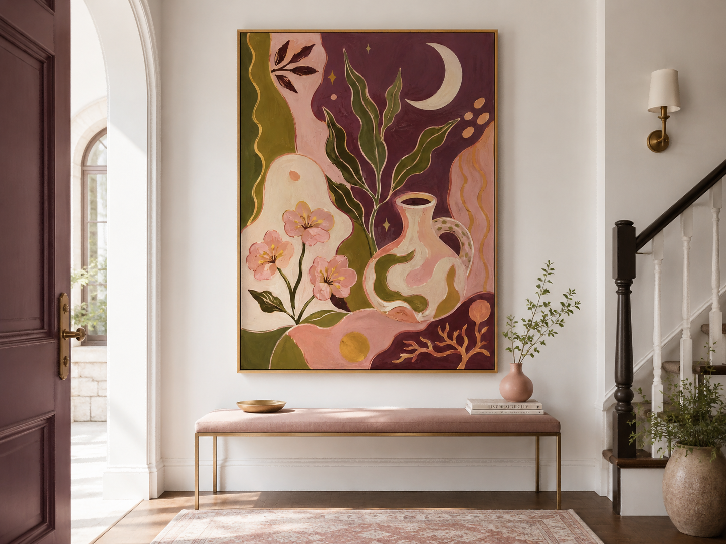 Fantasy Floral And Moon Art Deco Canvas Painting Hand-Painted Original Wall Art