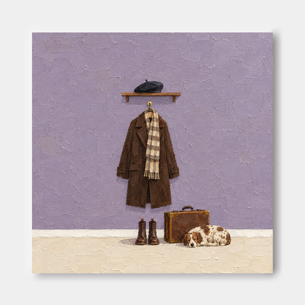 Vintage Dog And Coat Canvas Painting With Brown And Purple Tones