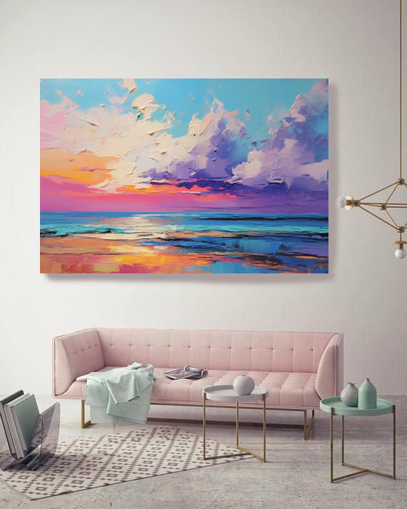 Bright Abstract Landscape Oil Painting Original Purple Sunset Wall Art Modern Abstract Landscape Painting Living Room Decor