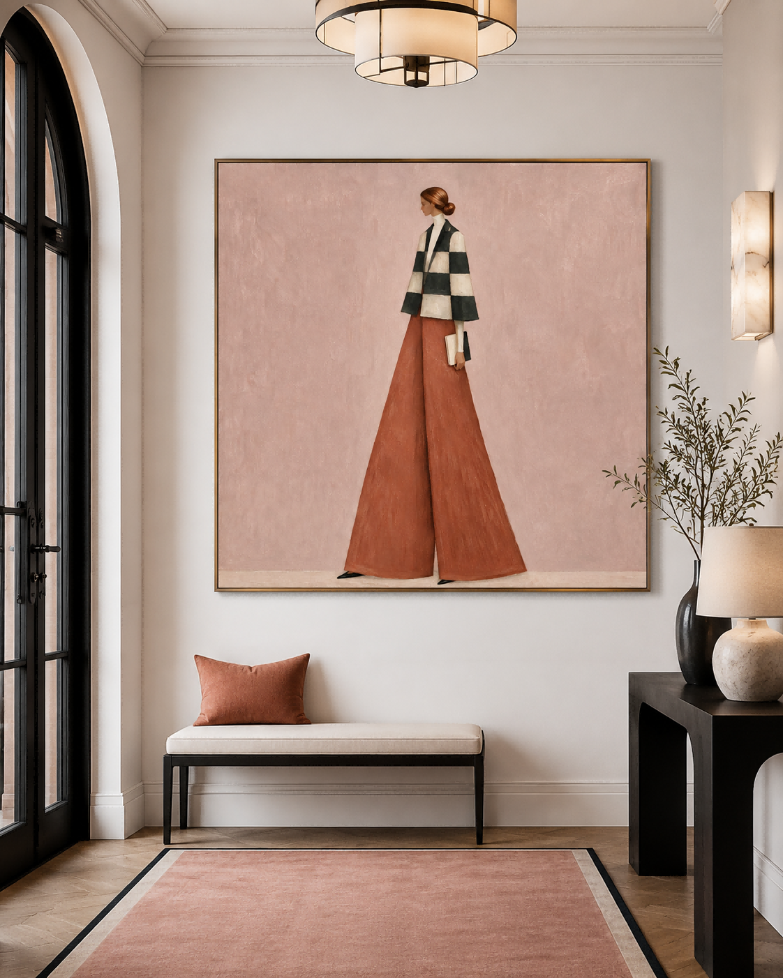 Fashion Woman In Checkered Jacket And Rust Pants Hand-Painted Canvas Art