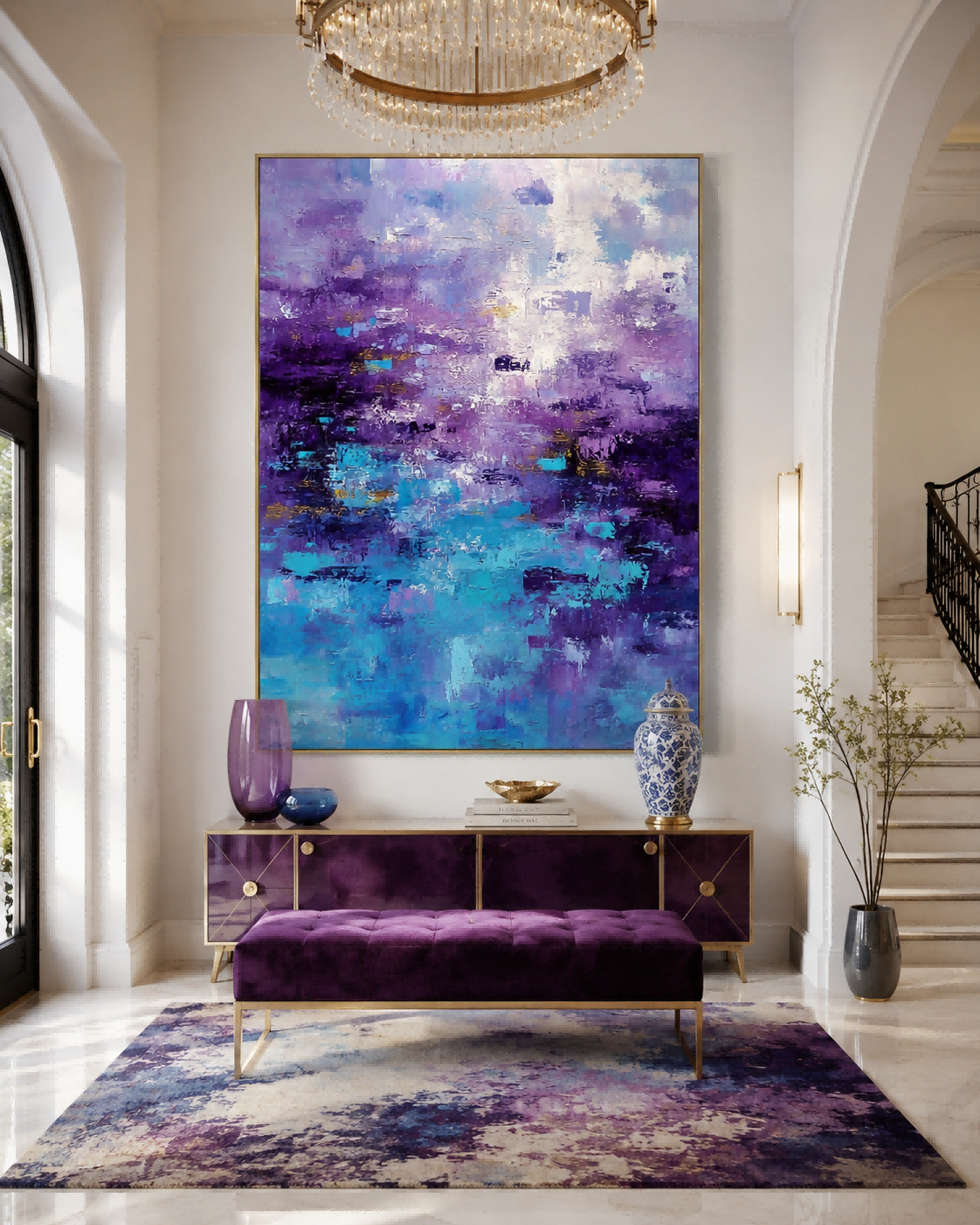 Large Abstract Purple Blue Painting With Textured Brushstrokes For Modern Home Decor