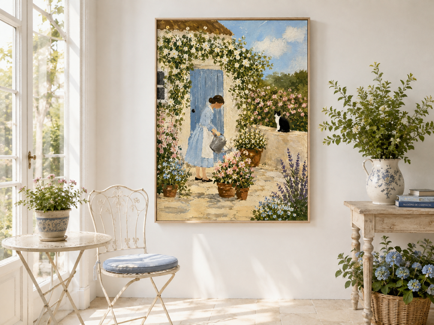 Woman Watering Flowers In Cottage Garden Hand-Painted Canvas Art
