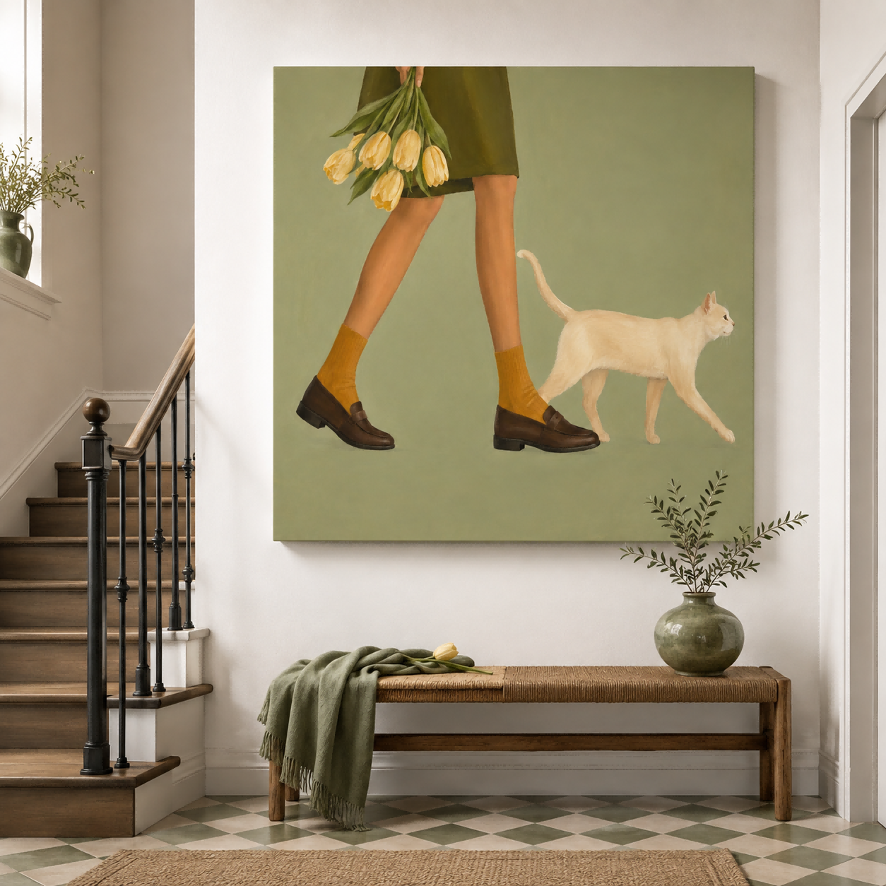 Minimalist Figurative Oil Painting Of Daily Life Moments Woman With Tulips And Cat Hand-Painted Canvas Art