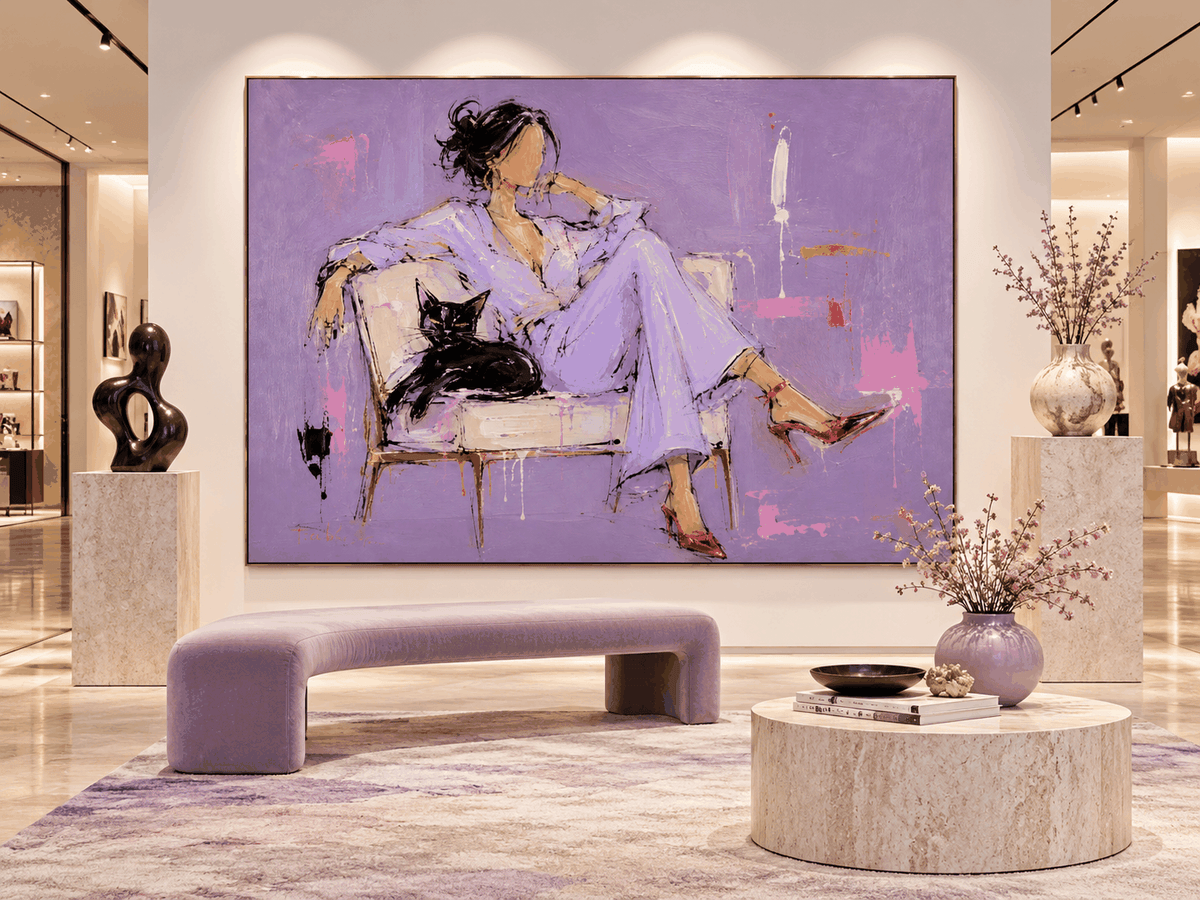 Woman With Black Cat Hand-Painted Canvas Art Abstract Fashion Art With Textured Purple And Red Accents