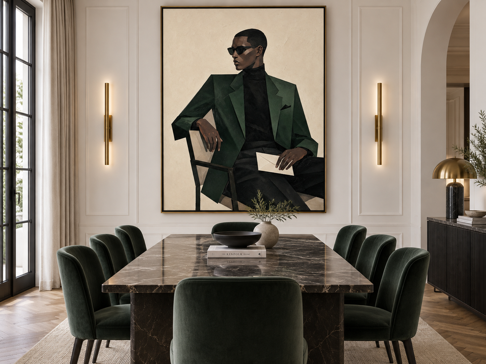 Minimalist Geometric Oil Painting Of A Man In Sunglasses And Suit