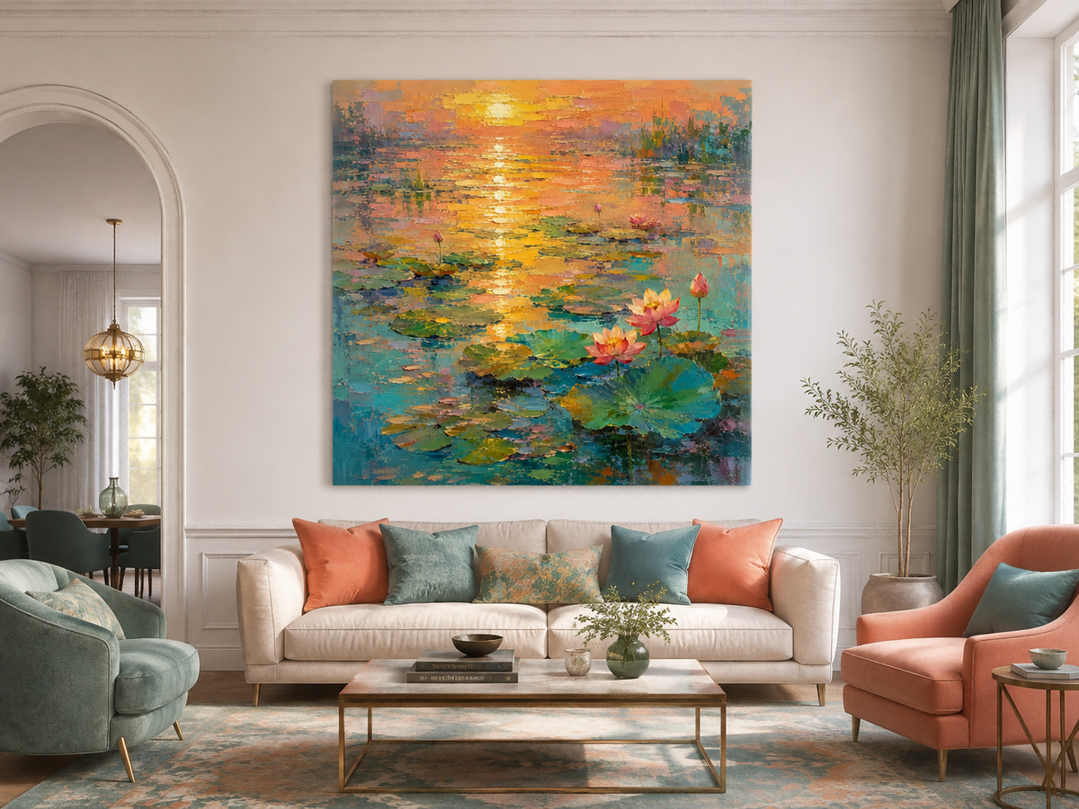 Modern Impressionist Floral Landscape Oil Painting With Gold And Pink Hues