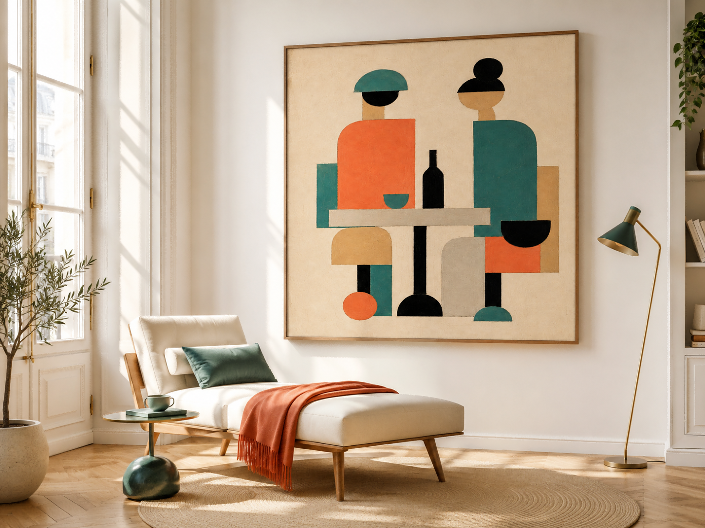 Abstract People Canvas Painting Geometric Figures With Wine Bottle