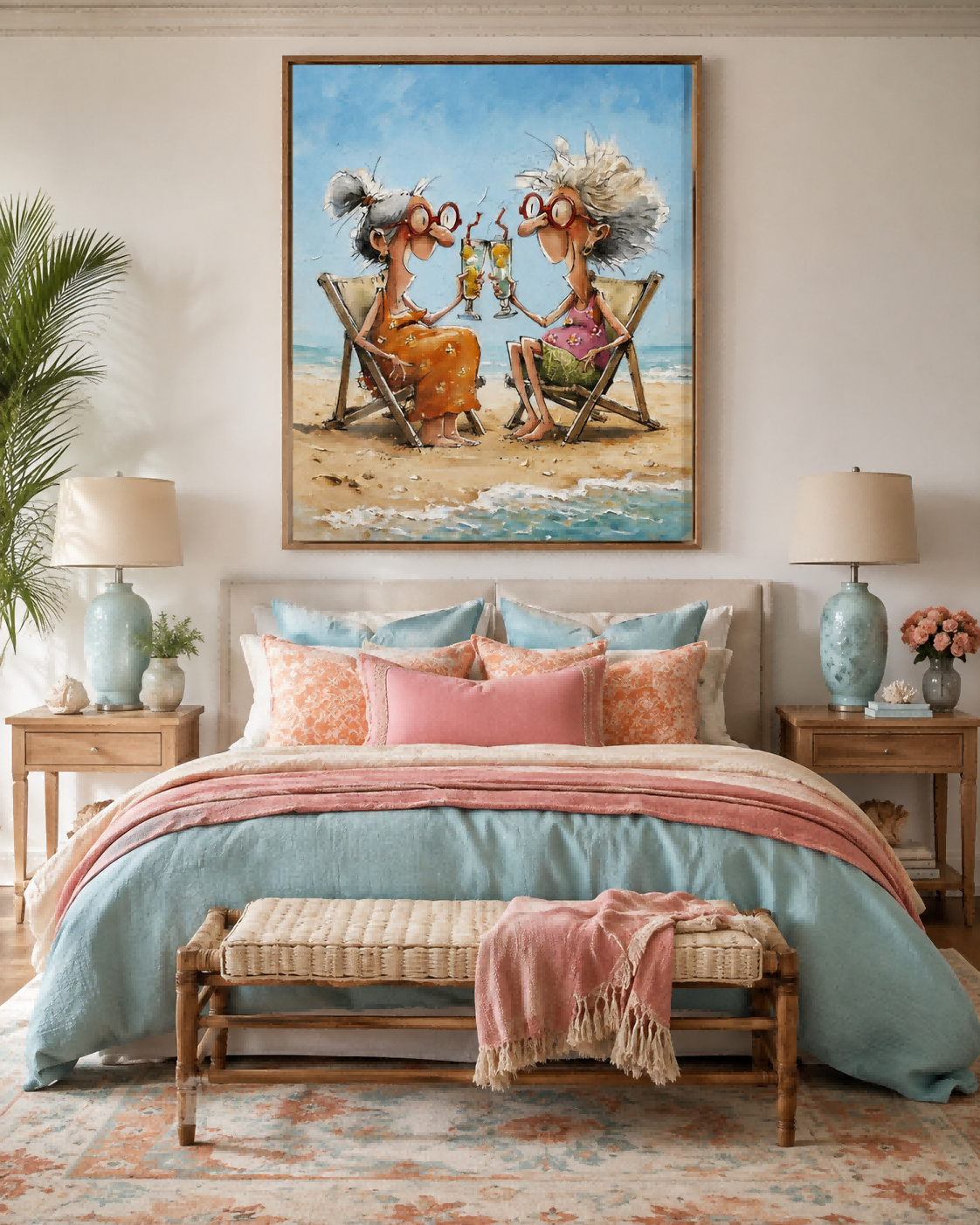 Colorful Illustrative Canvas Art Featuring Funny Seniors At The Beach In Orange And Pink
